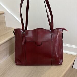 S-Zone Burgundy Leather Tote Laptop Bag with Crossbody Strap Zip Closure